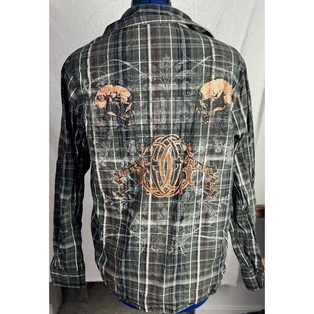mma‎ elite olive plaid flannel shirt graphic print grunge streetwear mens M